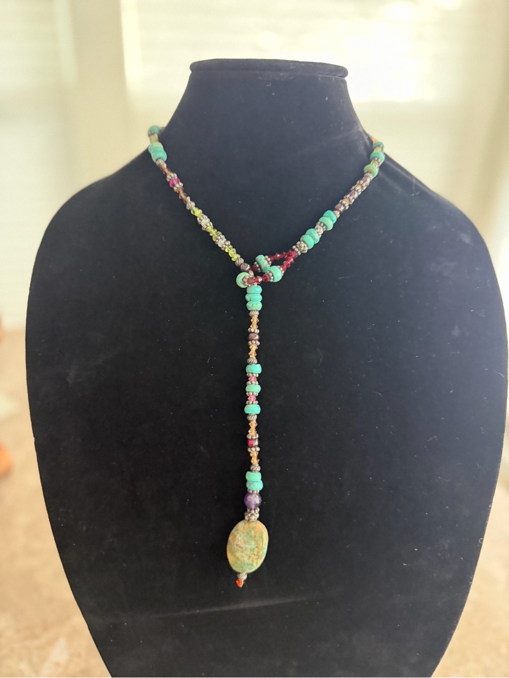 Turquoise Beaded Lariat Necklace - Handmade Women Jewelry